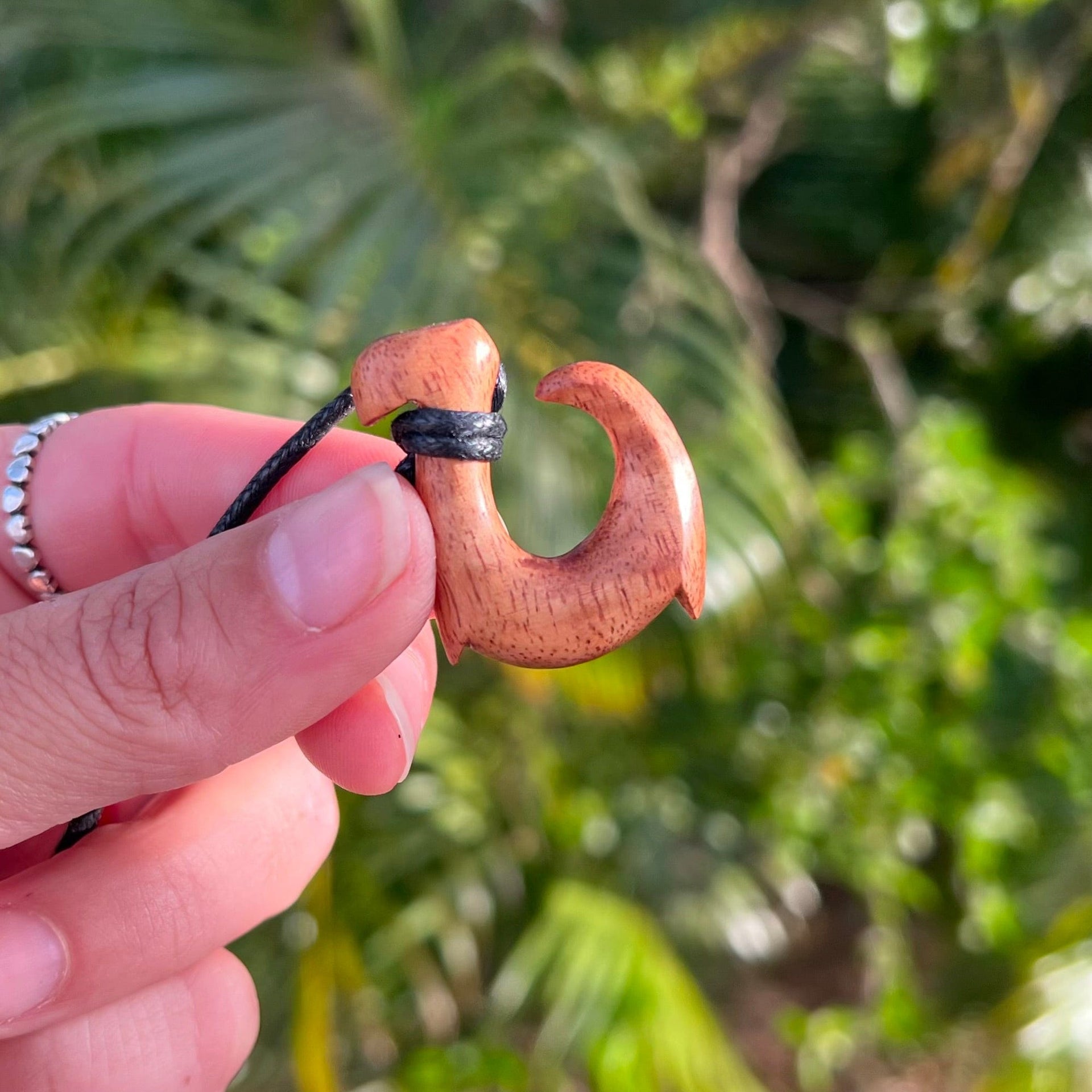 Petite Curly Koa Wood Maui Fish Hook on Black cord