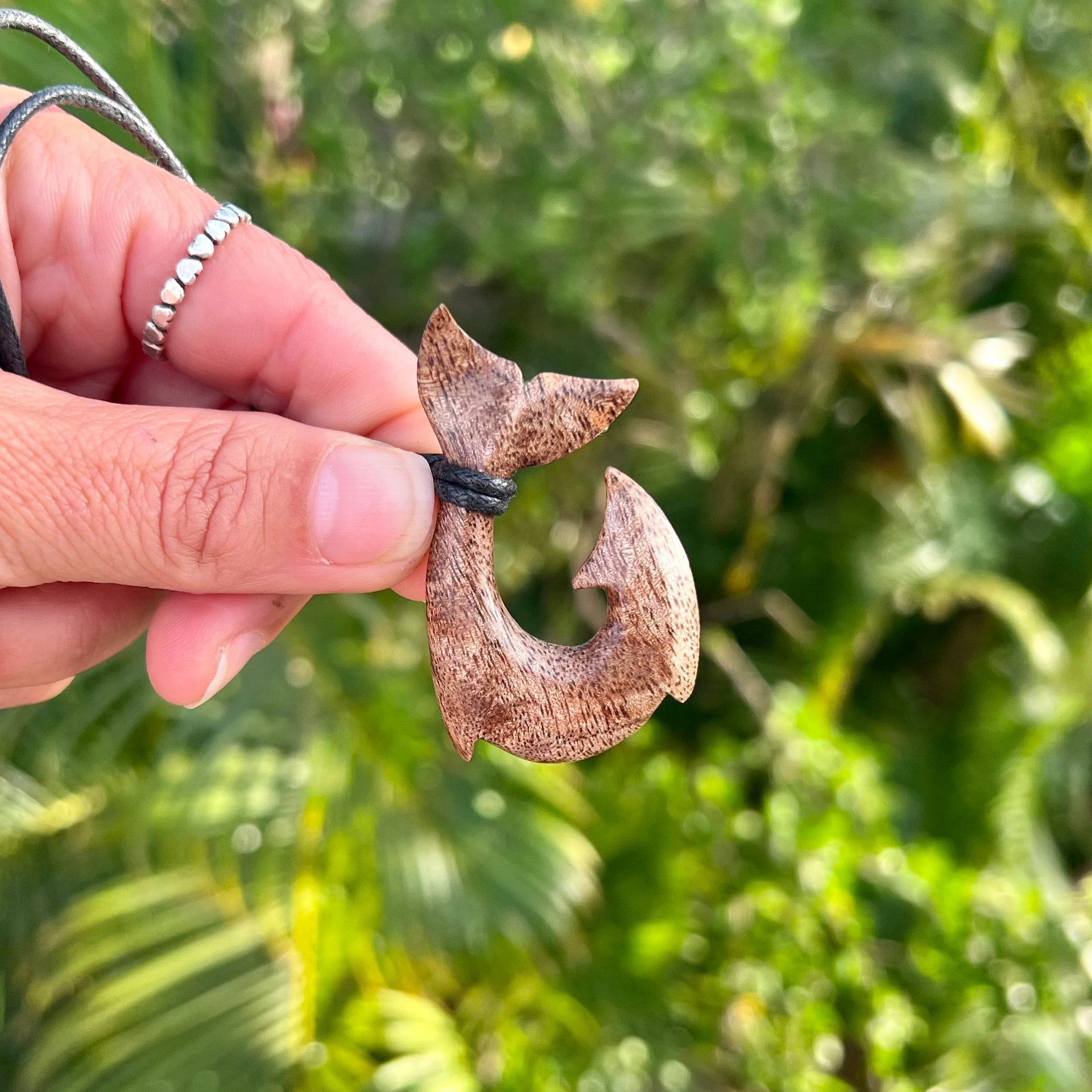 Mango Wood Maui Fish Hook Necklace with Whale Tail 