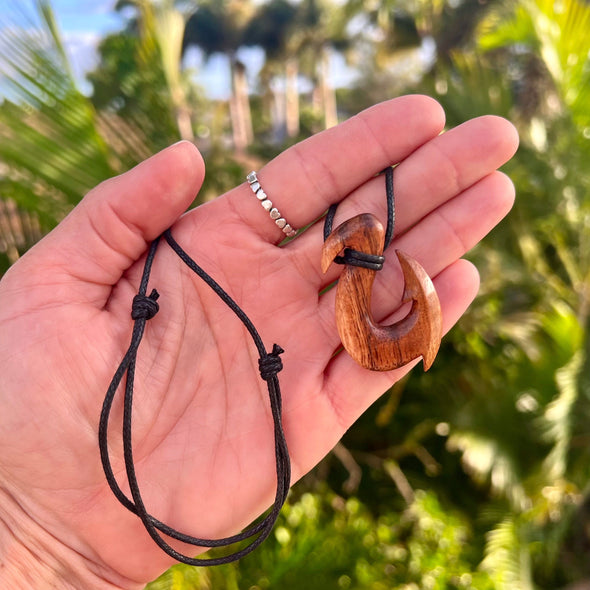 Hawaiian Koa Wood Maui Fish Hook Necklace