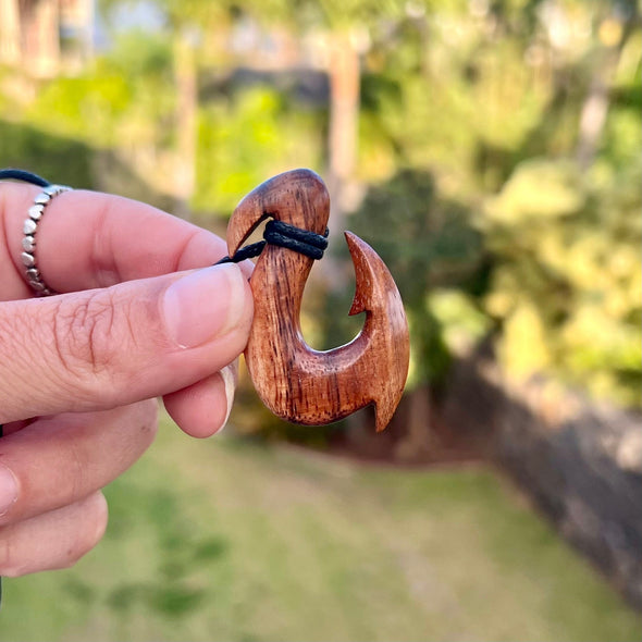 Koa Wood Maui Fish Hook Pendant on Black Cotton Cord