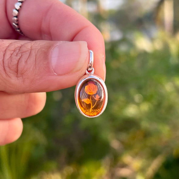 Sterling Silver Baltic Amber Rose Pendant