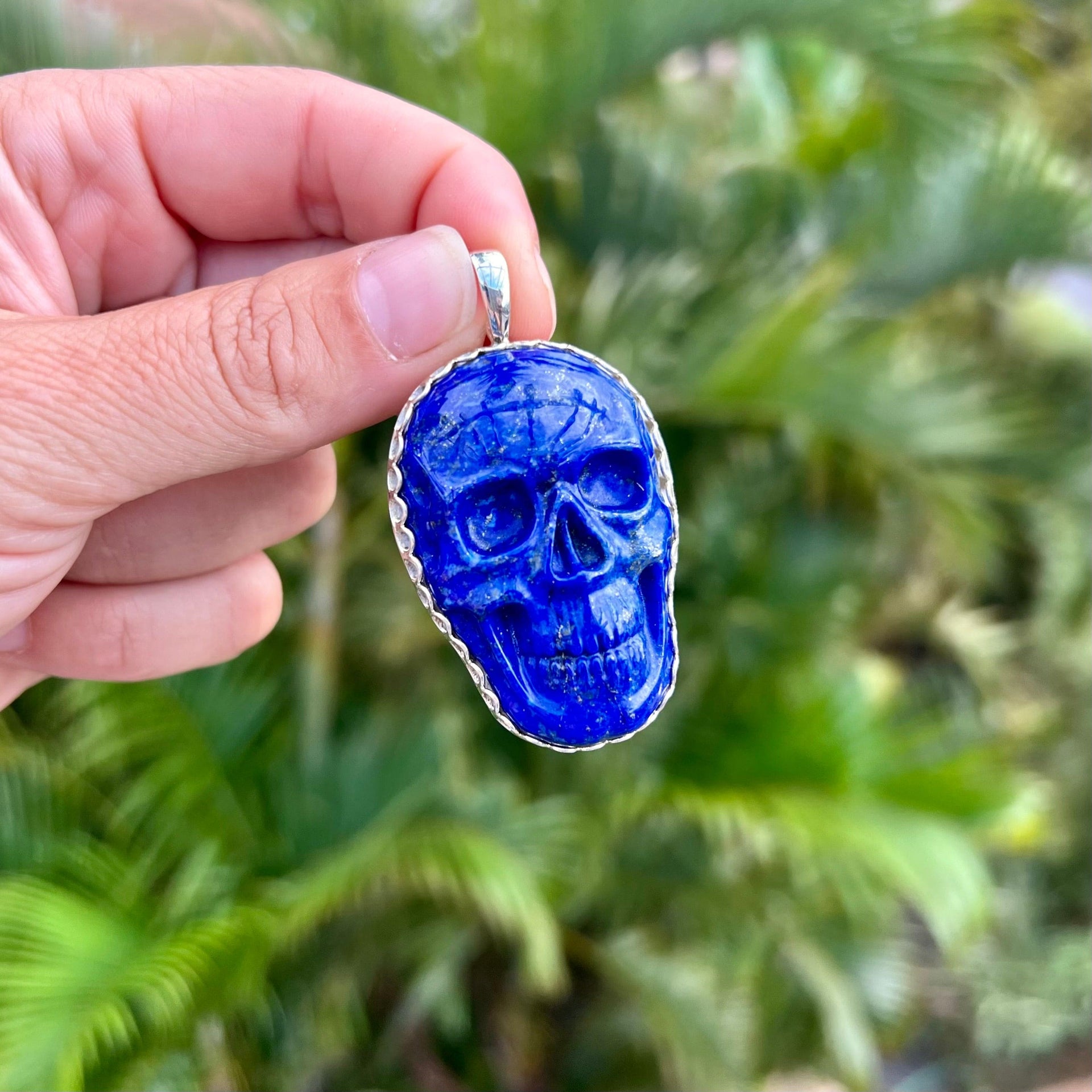 Large Lapis Lazuli Gemstone Skull Pendant in Sterling Silver