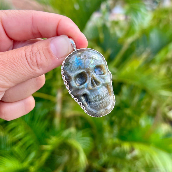 Labradorite Skull Pendant with Scalloped Sterling Silver Bezel