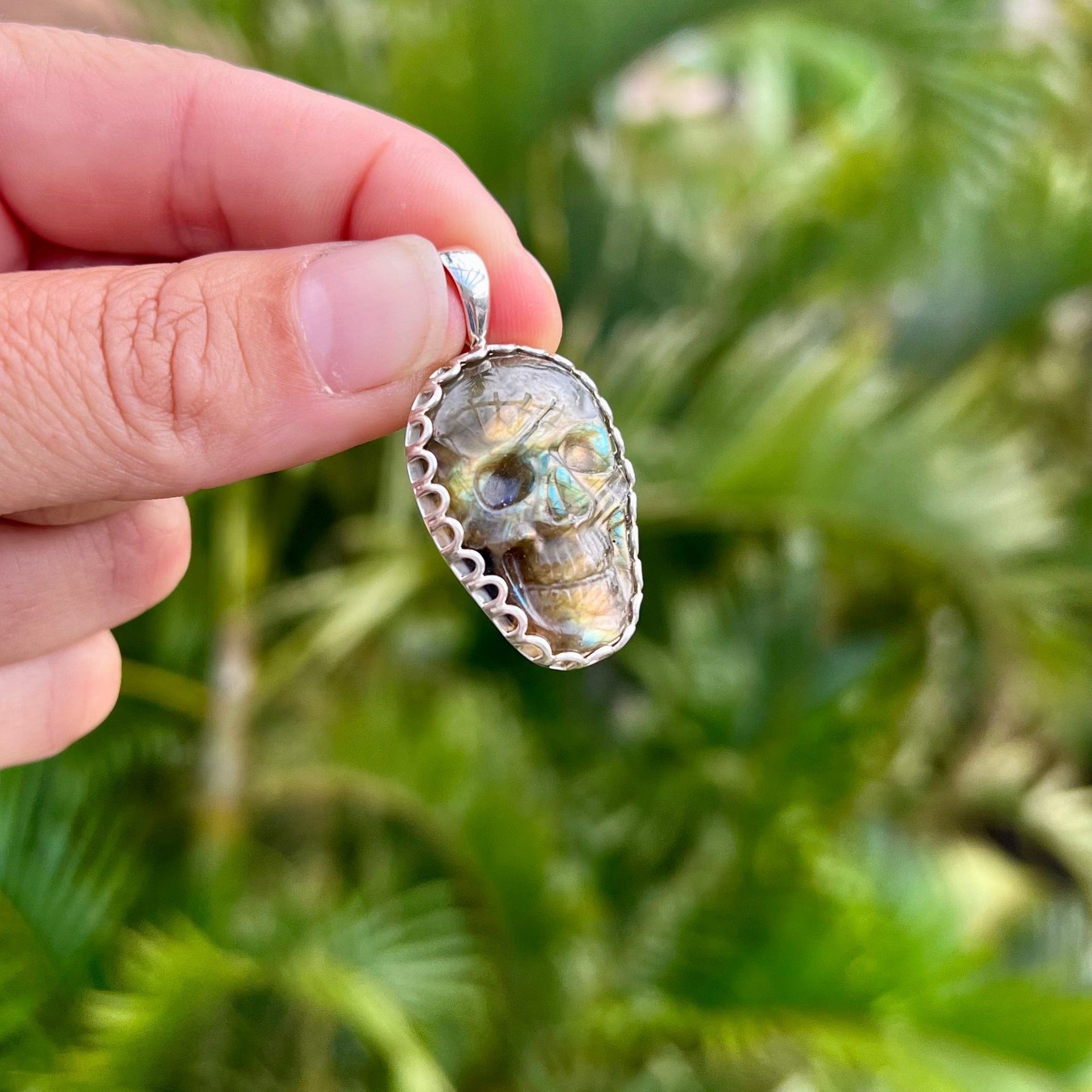 Medium Labradorite Skull Pendant with Scalloped Sterling Silver Bezel