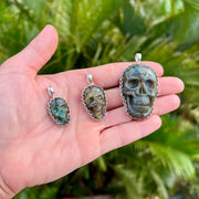 Three Sizes of Labradorite Skull Pendant with Scalloped Sterling Silver Bezel