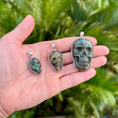 Three Sizes of Labradorite Skull Pendant with Scalloped Sterling Silver Bezel