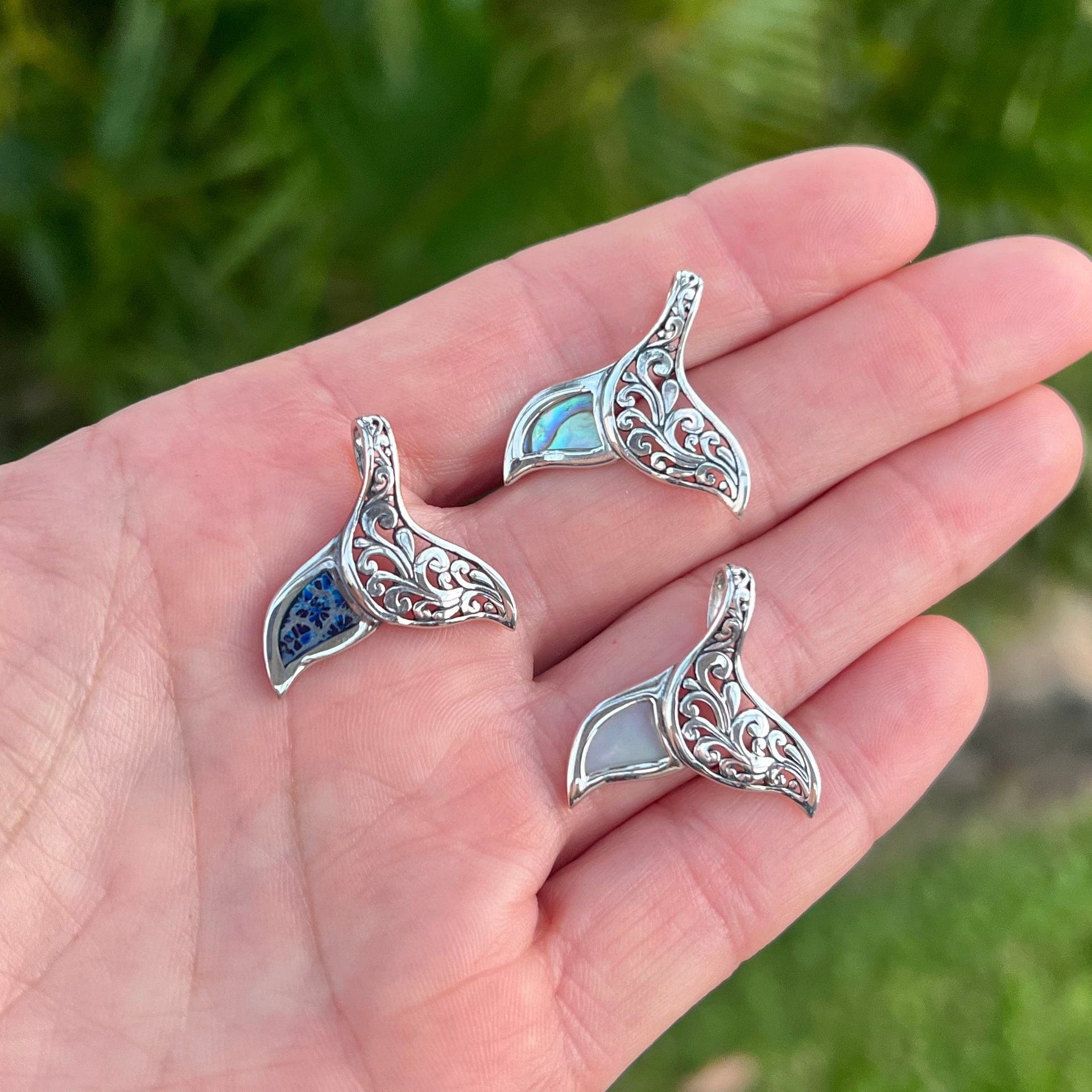 Three Filagree Whale Tail Pendants with Inlay