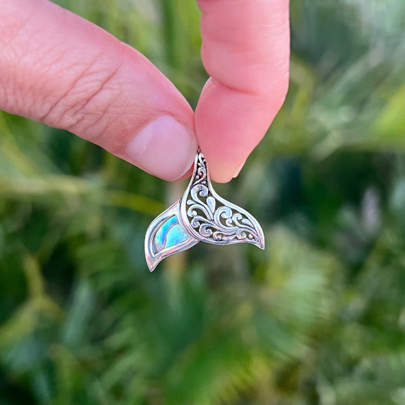 Sterling Silver Filagree Whale Tail Pendant with Abalone Inlay