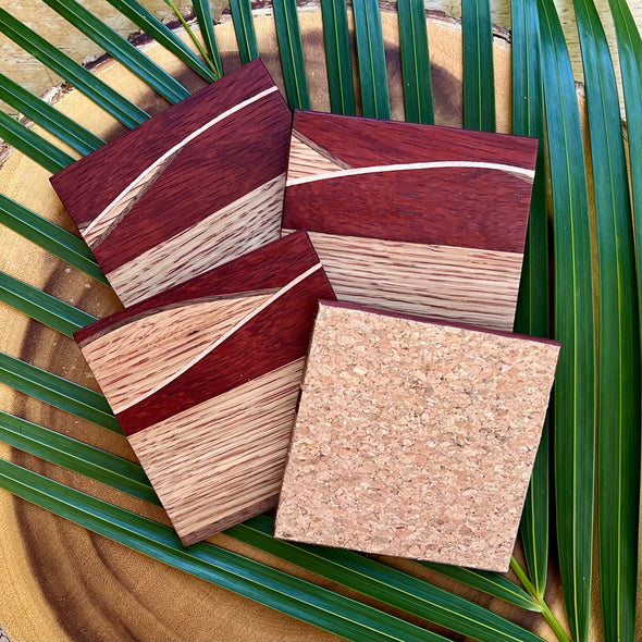 Custom Maui Made Wood Coasters on Palm Leaf