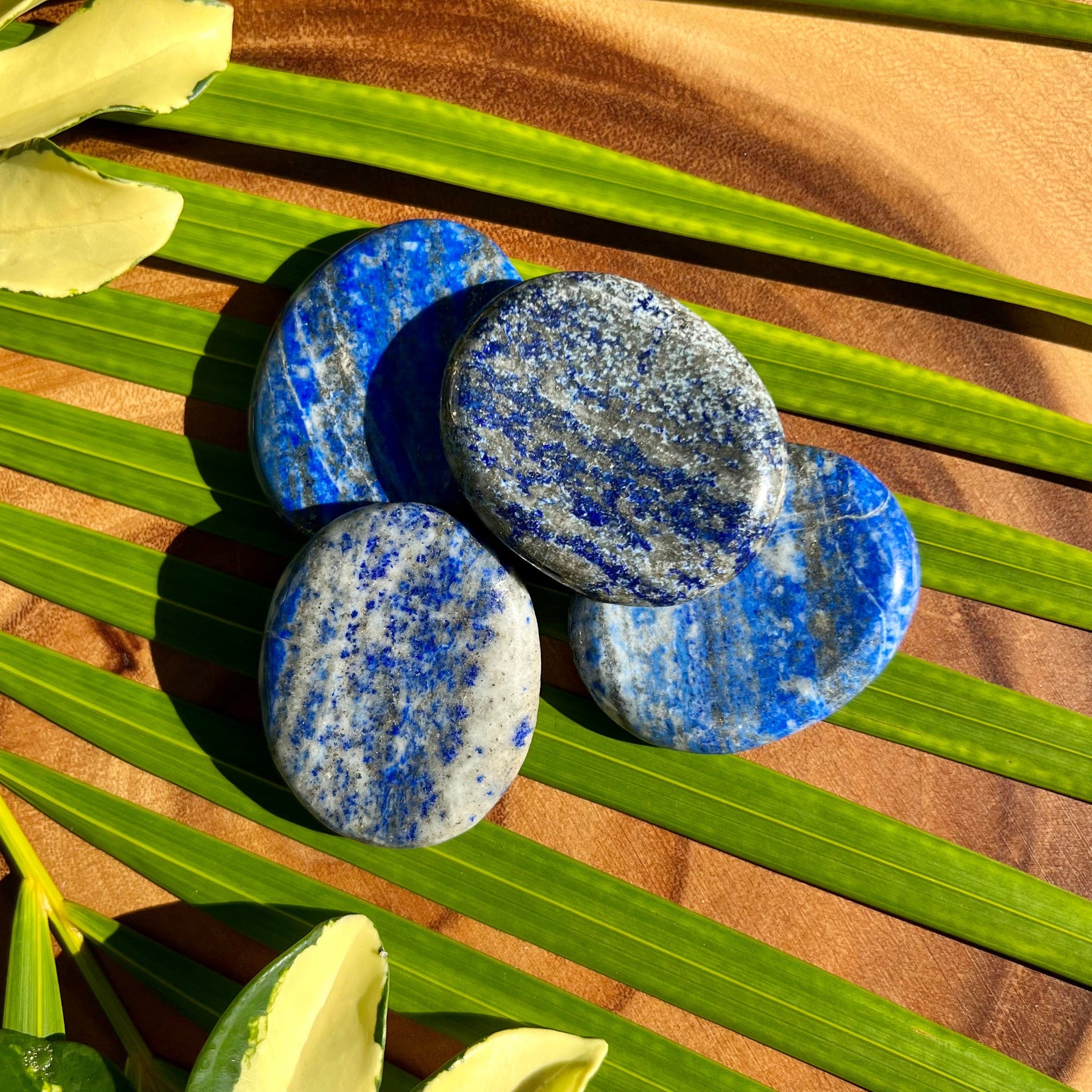 Lapis Lazuli worry stones on palm leaf