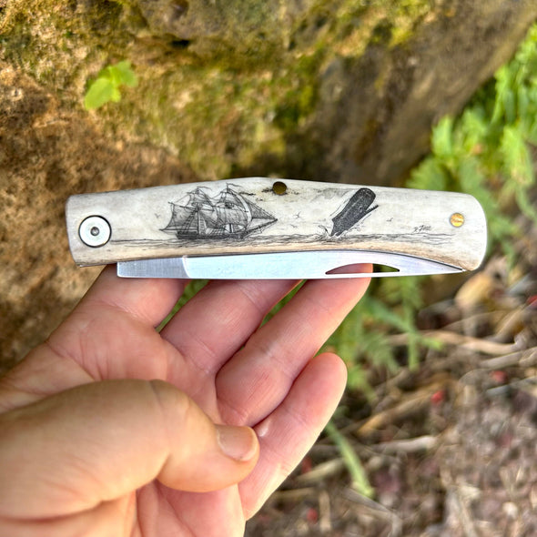 Doug Fine Scrimshaw Art on Silver Stag Cutlery- Folder- Ship with Whale