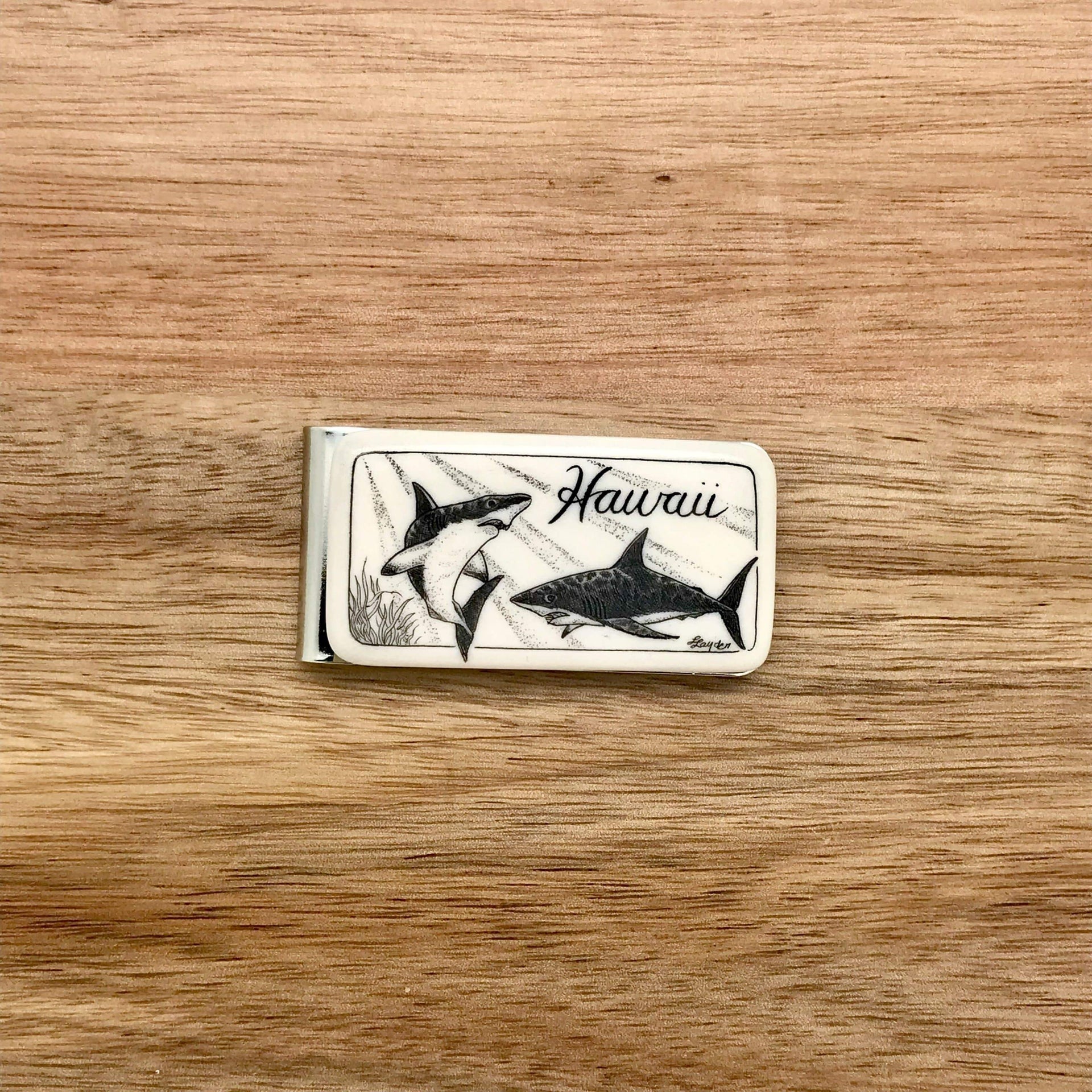 Scrimshaw Style Wide Money Clip with 2 shark detail designed by artist Linda Layden 