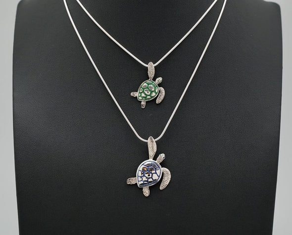 Detailed Sterling Silver Sea Turtle Pendants with Enamel Accent