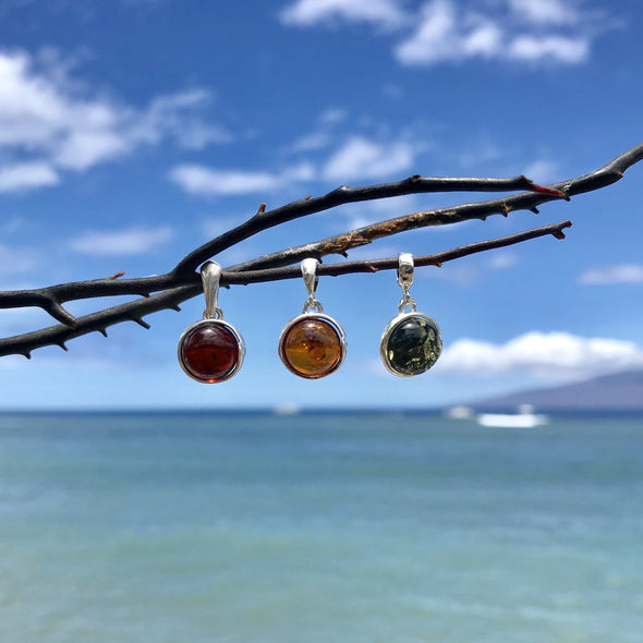 Baltic Amber Round Bead Pendants Set in Sterling Silver