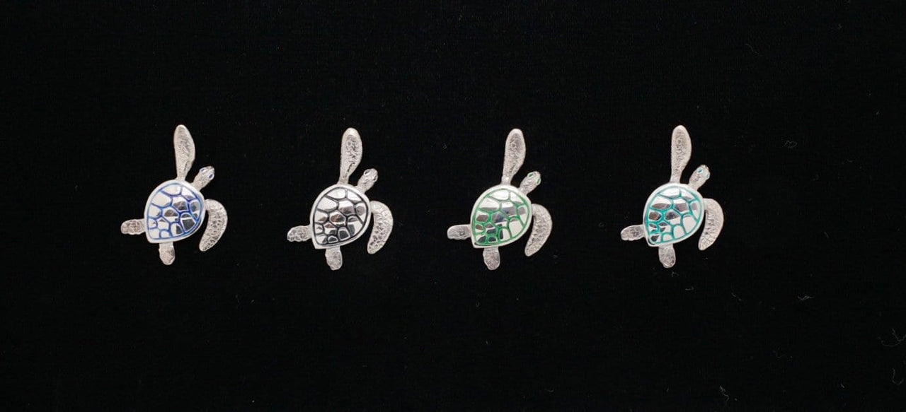 Four Detailed Sterling Silver Sea Turtle Pendants with Enamel Accent