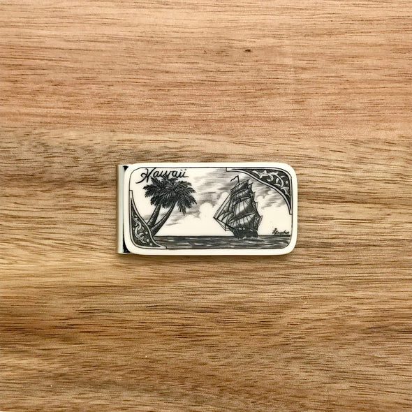 Scrimshaw Style Wide Money Clip with ship and palm tree detail designed by artist Linda Layden 