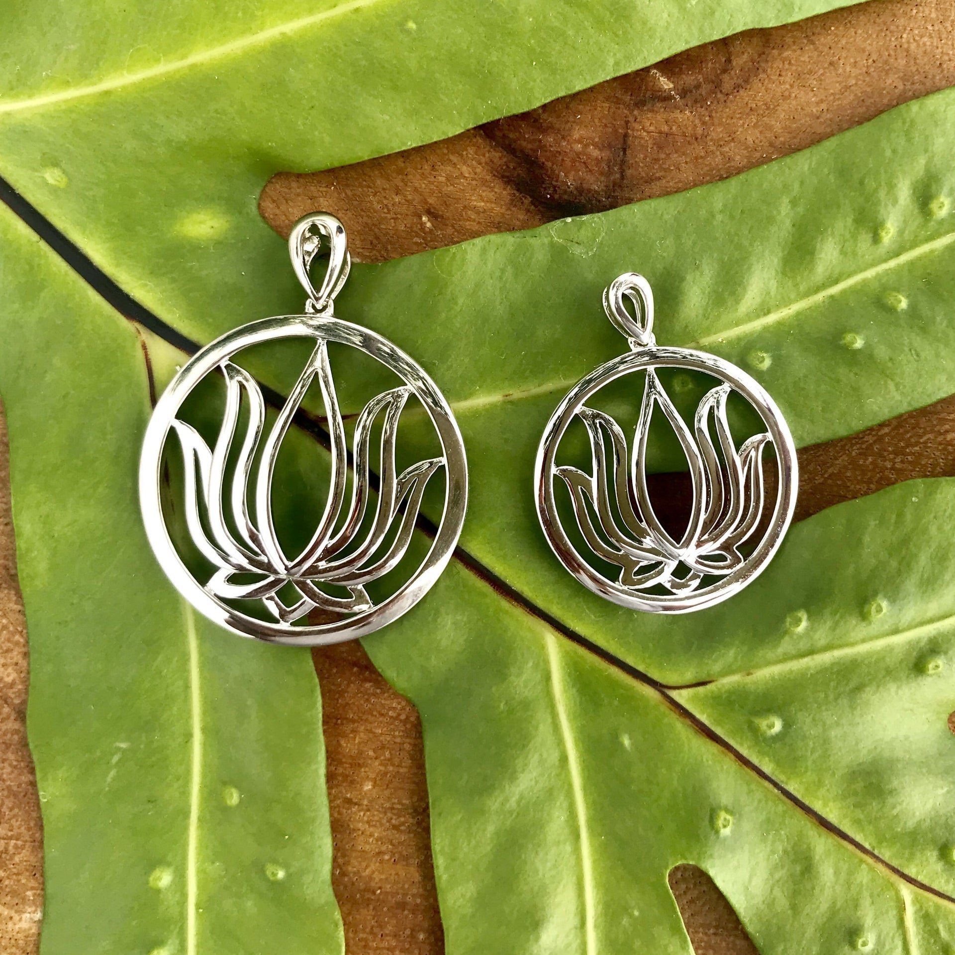 Two sizes of Lotus Pendant in Sterling Silver