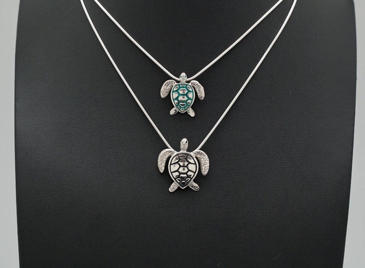 Sterling Silver Sea Turtle Pendants with Enamel in Two Sizes