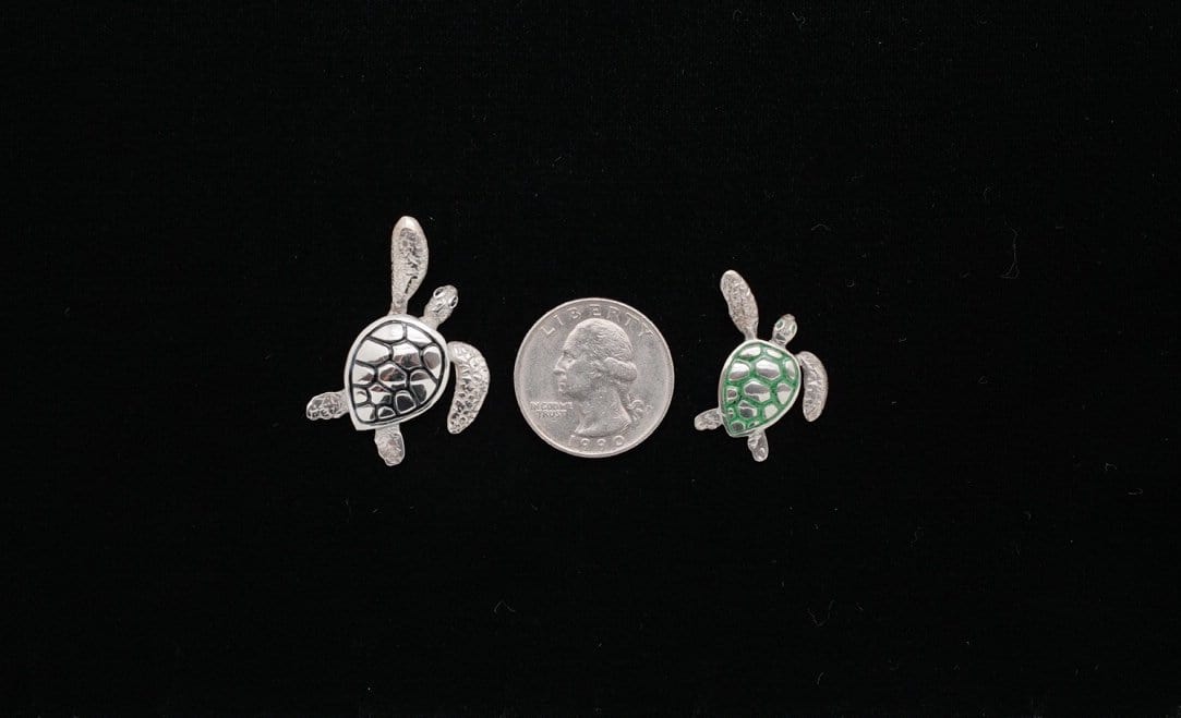 Two Sizes of Detailed Sterling Silver Sea Turtle Pendants with Enamel Accent