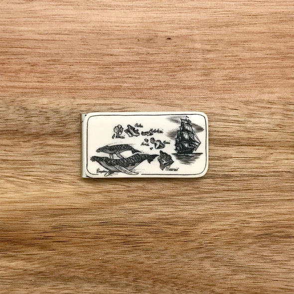 Scrimshaw Style Wide Money Clip featuring humpback whale, Hawaiian islands and ship detail designed by artist Linda Layden