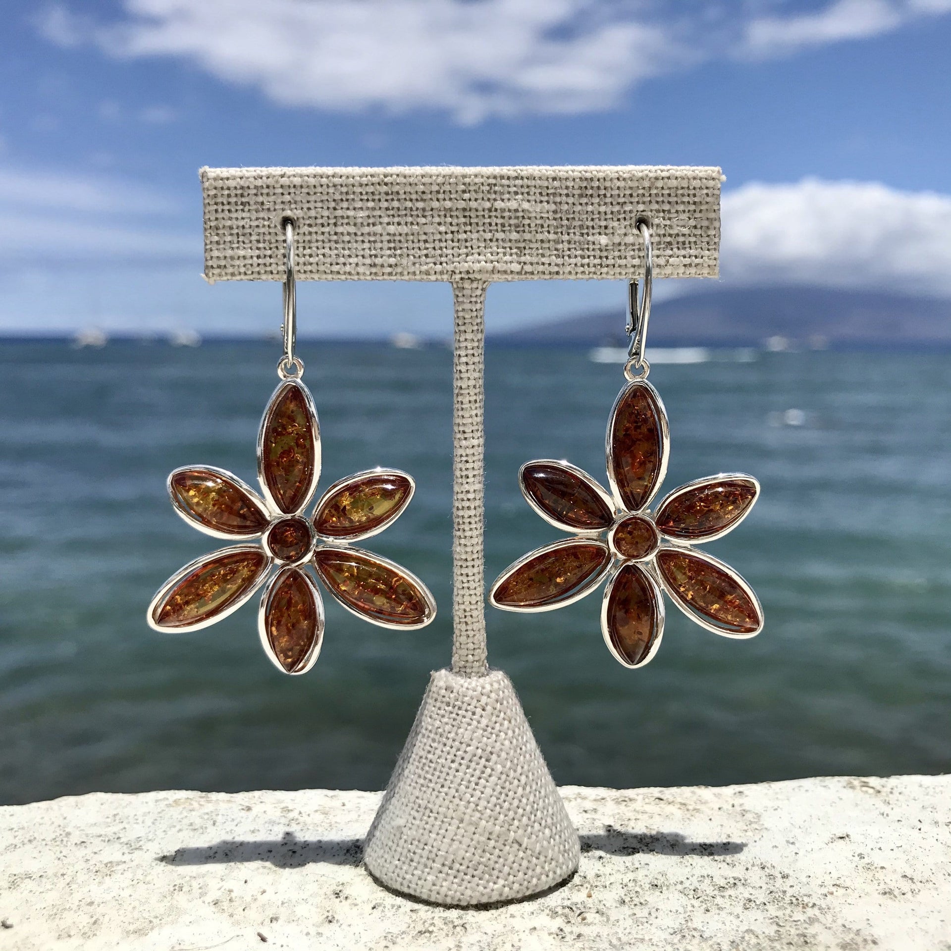 Baltic Amber Earrings in Flower Shape