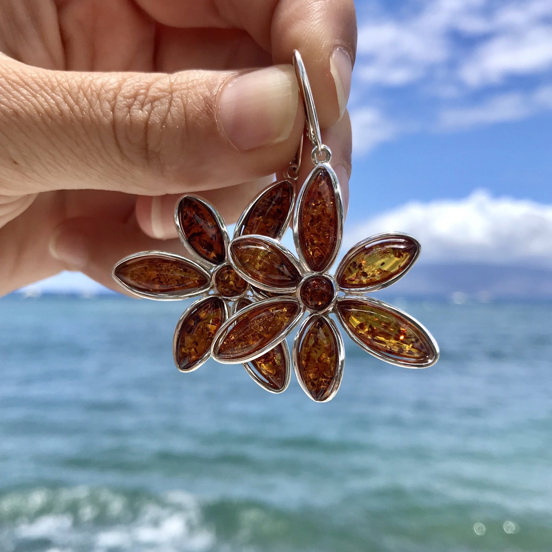 Floral Baltic Amber Dangle Earrings